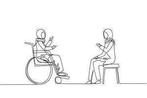 Single one line drawing two Arab people sitting chatting, one using chair and one using wheelchair. Friendly woman are talking to each other, human disabled society. Continuous line draw design vector