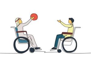 Single one line drawing joyful disabled young Arabian man in wheelchair playing basketball. Concept of adaptive sports for disabled people. Continuous line draw design graphic vector illustration