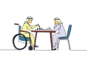 Continuous one line drawing disabled Arab man in wheelchair plays chess with friend. People on social adaptation, hobby, tolerance, inclusive, accessibility, diversity. Single line draw design vector
