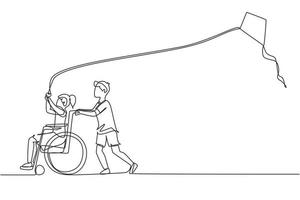 Continuous one line drawing happy child disabled concept. Hand drawn boy pushing little girl in wheel chair with flying kite. Disabled has fun outside. Single line draw design vector illustration