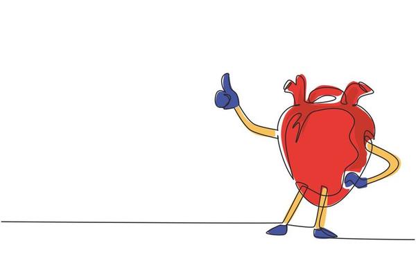 Single one line drawing healthy and fit heart with strong muscles with thumbs up gesture. Health of cardiovascular system. Power and strength of heart organ. Continuous line draw design graphic vector