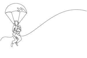 Single one line drawing businesswoman holding briefcase and jumping with parachute. Business people skydiver risk danger and safety concept. Continuous line draw design graphic vector illustration