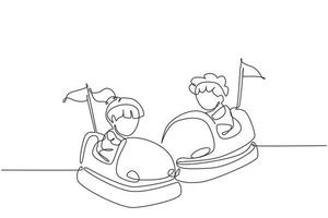 Single continuous line drawing children driving bumper car. Happy smiling boy and girl on bumper auto wheel attraction at amusement park. Enjoyment family time. One line draw graphic design vector