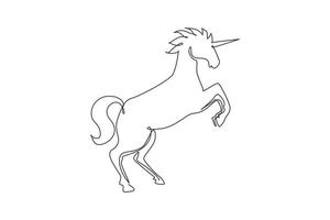 Continuous one line drawing unicorn lift two front legs. Black jumping fictional fairy animal. Magical unicorn running on wind. Childhood fantasy. Single line draw design vector graphic illustration