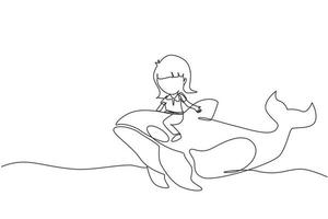 Single continuous line drawing little girl riding orca. Young kid sitting on back whale killer in swimming pool. Whale killer or orca in water. Dynamic one line draw graphic design vector illustration