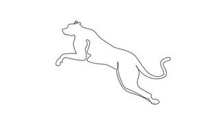 un solo dibujo de línea continua fuerte guepardo está saltando por la identidad del logotipo de la empresa. concepto de mascota animal salvaje para el zoológico nacional de safari. Ilustración de vector de diseño gráfico de dibujo de una línea dinámica