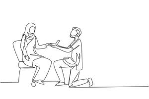 Continuous one line drawing Arab man makes marriage proposal woman and gives ring. Happy couple getting ready for wedding. Bride and groom celebrate engagement. Single line draw design vector graphic