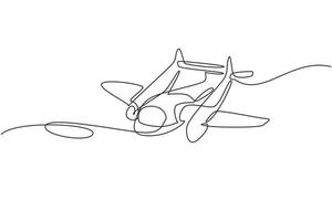 Single continuous line drawing vintage airplanes models. Retro motor aircraft with propeller icon. Monoplane and biplane planes. Air transportation. One line draw graphic design vector illustration