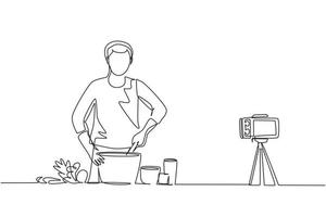 Continuous one line drawing vegan man. Vegetarian food blogger, guy stir and cook vegetable salad. Online culinary school tutorials, foods preparation vlog. Single line draw design vector illustration