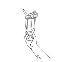 Single one line drawing hand holds a big glass with a milkshake with a whipped cream, with a straw and slice of orange. Sweet beverage. Modern continuous line draw design graphic vector illustration