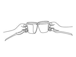 Single continuous line drawing hands with cups of hot coffee or hot tea. Clink glasses with two cups of coffee. Close-up cropped view of two hands holding cup and toast. One line draw design vector