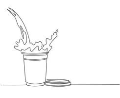 Single one line drawing pouring coffee into paper cup causing splash. Coffee pouring into disposable paper cup and creating splashes. Modern continuous line draw design graphic vector illustration