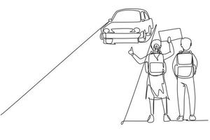 Continuous one line drawing happy couple of tourists with backpacks and camping stuff hitchhiking on road and thumbing car. Hiking and adventure concept. Single line draw design vector illustration