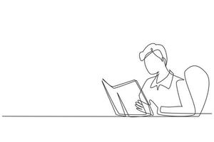 Single continuous line drawing student sitting at table, holding book in hands. Student reading book in library. Student reading book and preparing for exam. One line draw design vector illustration