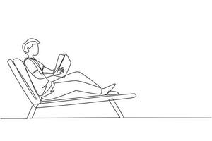 Single one line drawing reclined man reading book in lounge chair. Chill out time with good story concept. Smart male reader enjoying literature or studying. Continuous line draw design graphic vector