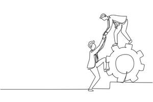 Single one line drawing two businessmen helping each other on top of cog. Teamwork people help each other trust assistance. Goal concept. Modern continuous line draw design graphic vector illustration