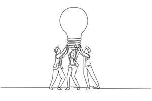 Single one line drawing group people hold huge lamp new idea. Success in business rely on teamwork, good planning, finding creative solution to problem. Continuous line draw design vector illustration