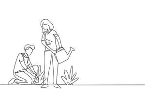 Continuous one line drawing man woman gardening plants. People growing plant, greens on soil, gathering harvest. Husband kneeling, wife with water can planting flowers. Single line draw design vector