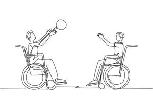 Single continuous line drawing joyful disabled young man in wheelchair playing basketball. Concept of adaptive sports for disabled people. Dynamic one line draw graphic design vector illustration