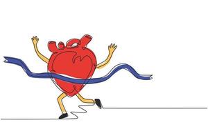 Single continuous line drawing cute heart organ marathon run through the finish line to win. Heart organ workout, sport, fitness, cardio run, stamina concept. One line draw design vector illustration