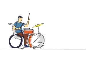 dibujo de una sola línea hombre guapo discapacitado en silla de ruedas tocando el tambor. Físicamente desarmado. persona en el hospital. paciente del centro de rehabilitación. ilustración de vector de diseño de dibujo de línea continua