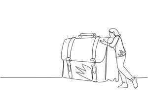 Single continuous line drawing joyful businesswoman hugs suitcase with money. Happy boss and case with cash. Successful business pleasure goal. Dynamic one line draw graphic design vector illustration