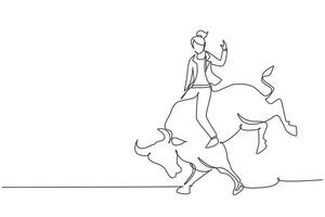 Single one line drawing businesswoman riding rodeo bull. Investment, bullish stock market trading, rising bonds trend. Successful business woman. Continuous line design graphic vector illustration