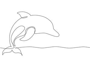 Continuous one line drawing cute blue dolphins, dolphin jumping and performing tricks with ball for entertainment show. Animal mascot for swimming pool. Single line design vector graphic illustration