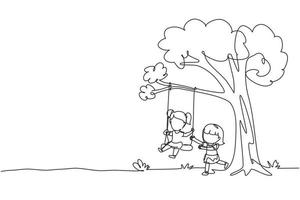 Single one line drawing happy two girls playing on tree swing. Cheerful kids on swinging under a tree. Children playing at playground. Modern continuous line draw design graphic vector illustration