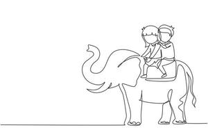 Single continuous line drawing happy little boy and girl riding elephant together. Children sitting on back elephant and travelling. Kids learning to ride elephant. One line draw graphic design vector
