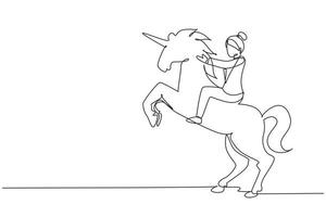 Single one line drawing businesswoman riding unicorn symbol of success. Business startup concept, looking at the goal, achievement, leadership. Continuous line draw design graphic vector illustration