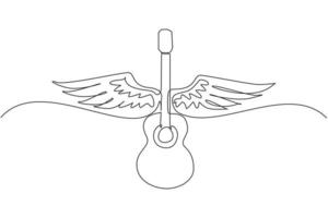 Continuous one line drawing musical emblem with wings, fire and caption guitar music. Musical instrument. Rock concert. Acoustic guitar with wings. Single line draw design vector graphic illustration