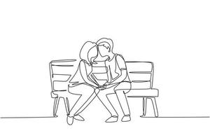 Single one line drawing kissing couple. Young man and woman face to face sitting on park bench and funny kissing. Romantic couple dating in spring. Modern continuous line draw design graphic vector