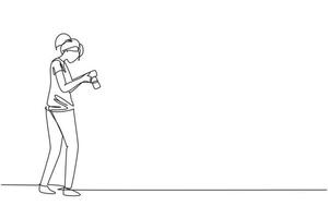 Single one line drawing woman photographers or paparazzi taking photo with digital cameras with angles. Girl Journalists or reporters checking pictures. Continuous line draw design vector illustration