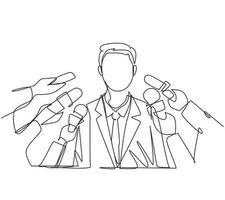 Single one line drawing interview. Man with microphones. Popular person, presenter, celebrity, political gives comment for breaking news, reportage, tv. Continuous line draw design vector illustration