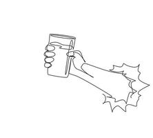 Continuous one line drawing hand holding glass with lemonade fruit juice through torn white paper. Drink made of fresh lemon juice. Juicy orange water. Relaxing time. Single line draw design vector