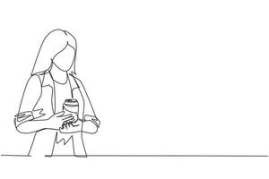 Continuous one line drawing cute young business woman attractive presenting a can of soft drink on white background. Soda refreshment from a can. Single line draw design vector graphic illustration