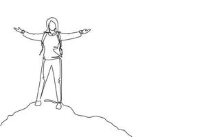 Continuous one line drawing successful climber woman stands with arms outstretched on top of mountains. Female raised her hands up in joy. Achieving success. Girl power. Single line draw design vector