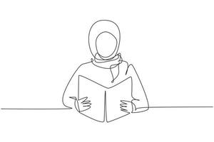 Single one line drawing Arab girl reading book, education. Woman student sitting at desk to read literary work, story books, study, textbooks on table. Continuous line draw design vector illustration