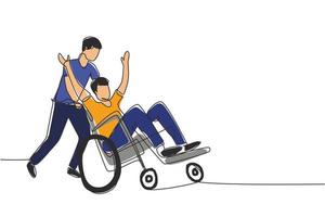 Single continuous line drawing young male volunteer helps disabled oldman, riding on wheelchair in park. Family care, volunteerism, disability care concept. One line draw design vector illustration