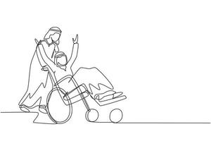 Single continuous line drawing young Arabian male volunteer helps disabled old man, riding on wheelchair in park. Family care, volunteerism, disability care. One line draw design vector illustration