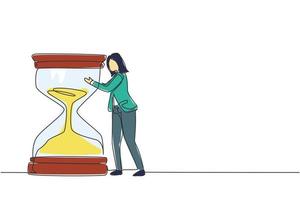 dibujo continuo de una línea confiada joven mujer de negocios feliz abrazándose en un enorme reloj de arena. gestión del tiempo o concepto de organización de tareas con éxito. ilustración gráfica de vector de diseño de dibujo de una sola línea