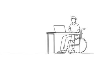 Continuous one line drawing young man uses wheelchair and working with computer in office. Online job and startup. Physical disability and society. Single line draw design vector graphic illustration