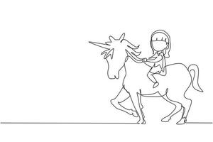 Single continuous line drawing happy cute girl riding cute unicorn. Child sitting on back unicorn in fairy tale dream. Kids learning to ride unicorn. One line draw graphic design vector illustration
