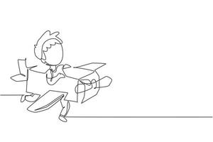 Single one line drawing creative boy playing as pilot with cardboard airplane. Happy kids riding cardboard handmade airplane. Plane game. Modern continuous line draw design graphic vector illustration