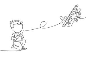 Single one line drawing boy playing with radio control airplane. Smiling kid controlled flying RC aeroplane. Happy childhood, hobby, pastime concept. Modern continuous line draw design graphic vector