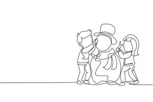 dibujo de una sola línea niños felices hacen muñecos de nieve juntos. bosque nevado, niños y niñas con ropa de abrigo, muñeco de nieve de año nuevo. ilustración de vector gráfico de diseño de dibujo de línea continua moderna