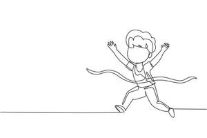 Single continuous line drawing cute boy run in race and win first place. Little kid running to finish line first, children physical activity concept. One line draw graphic design vector illustration