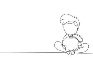 Single continuous line drawing cute little boys sitting on the floor puts coins in a piggy bank and dreams of buy something. Concept of saving money. One line draw graphic design vector illustration