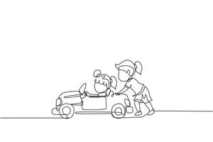 Single continuous line drawing a girl is pushing her friend's car in the road. Kids play with big toy car together. Sibling having fun with at backyard. Dynamic one line draw graphic design vector